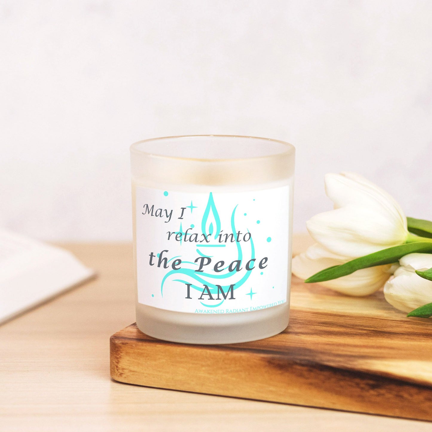 May I Relax Into The Peace I AM 9 oz Frosted Glass Candle