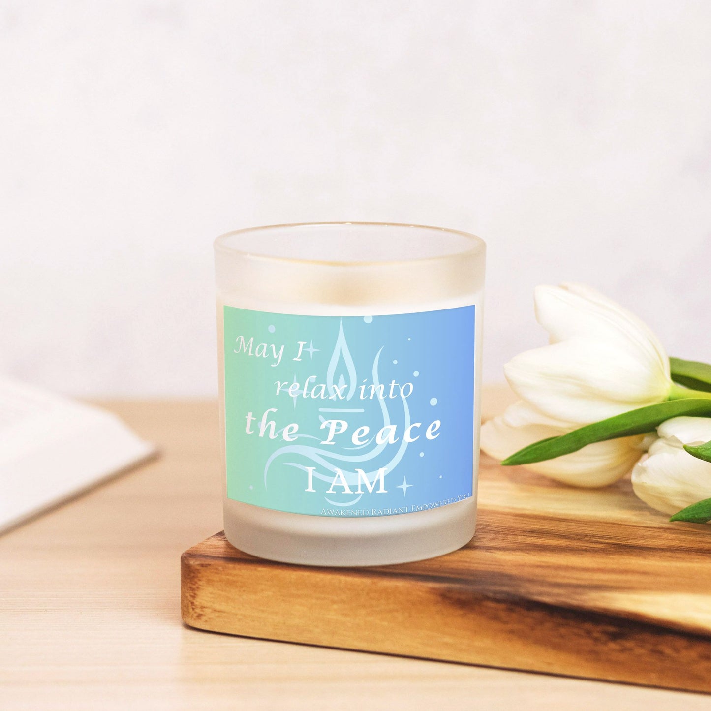 May I Relax Into The Peace I AM 9 oz Frosted Glass Candle